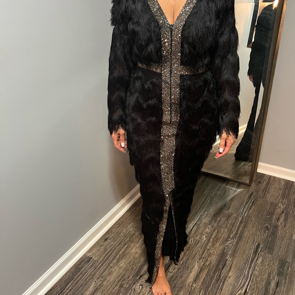 Black Fringe Evening Gown